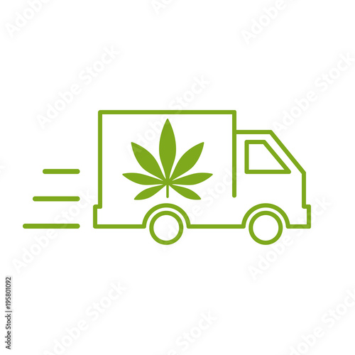 Delivery cannabis. Illustration of a delivery truck icon with a marijuana leaf. Drug consumption, marijuana use. Marijuana Legalization. Vector illustration on white background. 