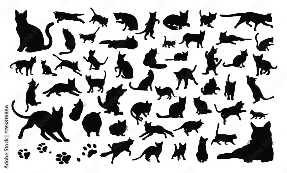 Set vector silhouettes of the cats and the paw prints - Isolated on white background 猫のベクターイラストセット Set vector silhouettes of the cats and the paw prints - Isolated on white background 猫のベクターイラストセット