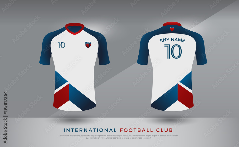 soccer t-shirt design uniform set of soccer kit. football jersey template  for football club. blue red and white color, front and back view shirt mock  up. Vector Illustration vector de Stock