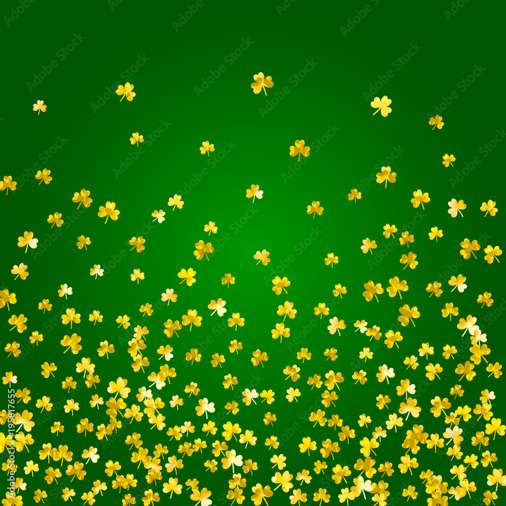 Shamrock background for Saint Patricks Day. Lucky trefoil confetti. Glitter frame of clover leaves.	 Template for special business offer, banner, flyer. Holiday shamrock background.