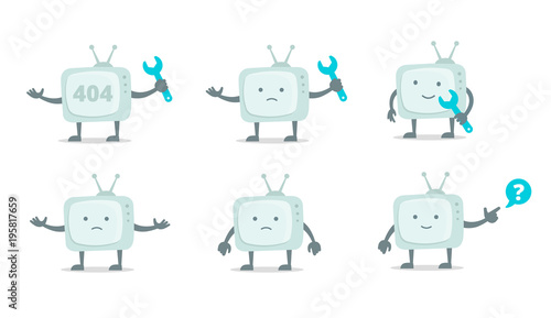 Televisor character with face, legs and hands. Repair set. Telly television fixing with wrench set 404 character set with wrench spanner repairs. Color vector illustration stock.