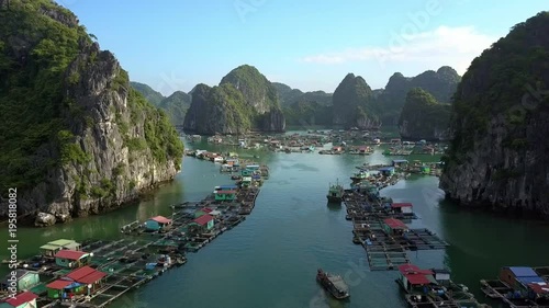 Drone Shows Large Floating Village among Islands against Sky photo