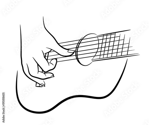 Classical Guitar Logo of Hand Plucking A Guitar Strings, a hand drawn vector illustration of a hand playing a guitar.