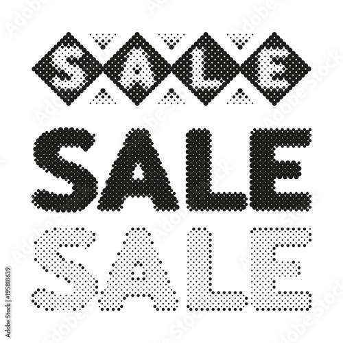 Sale halftone label tag. Dotted grunge stamp from ink splashes. Textured design element for sale. Vector