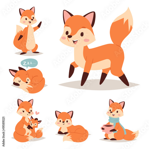 Fox character doing different foxy activities funny happy nature red tail and wildlife orange forest animal style graphic vector illustration.