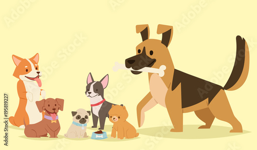 Puppy cute playing dogs characters funny purebred comic happy mammal doggy breed vector illustration.