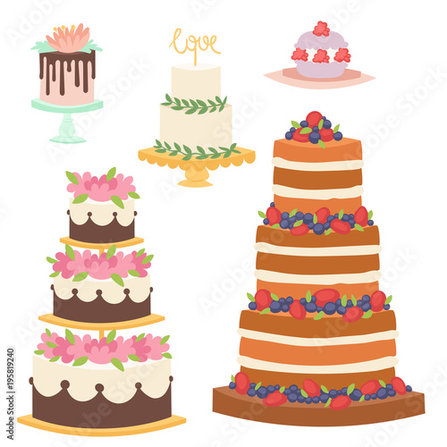 Wedding cakes fresh tasty dessert sweet pastry pie gourmet homemade delicious cream traditional bakery tart vector illustration.