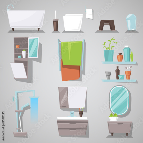Bathroom interior vector bathtub and shower with mirror furniture in bathhouse illustration set of furnished room for bathing and toilet at home isolated on background