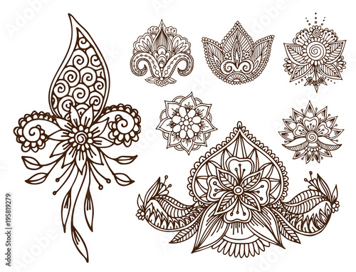 Henna tattoo mehndi flower doodle ornamental decorative indian design pattern paisley arabesque mhendi embellishment vector.