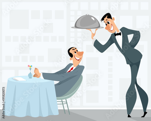 Waiter and satisfied customer