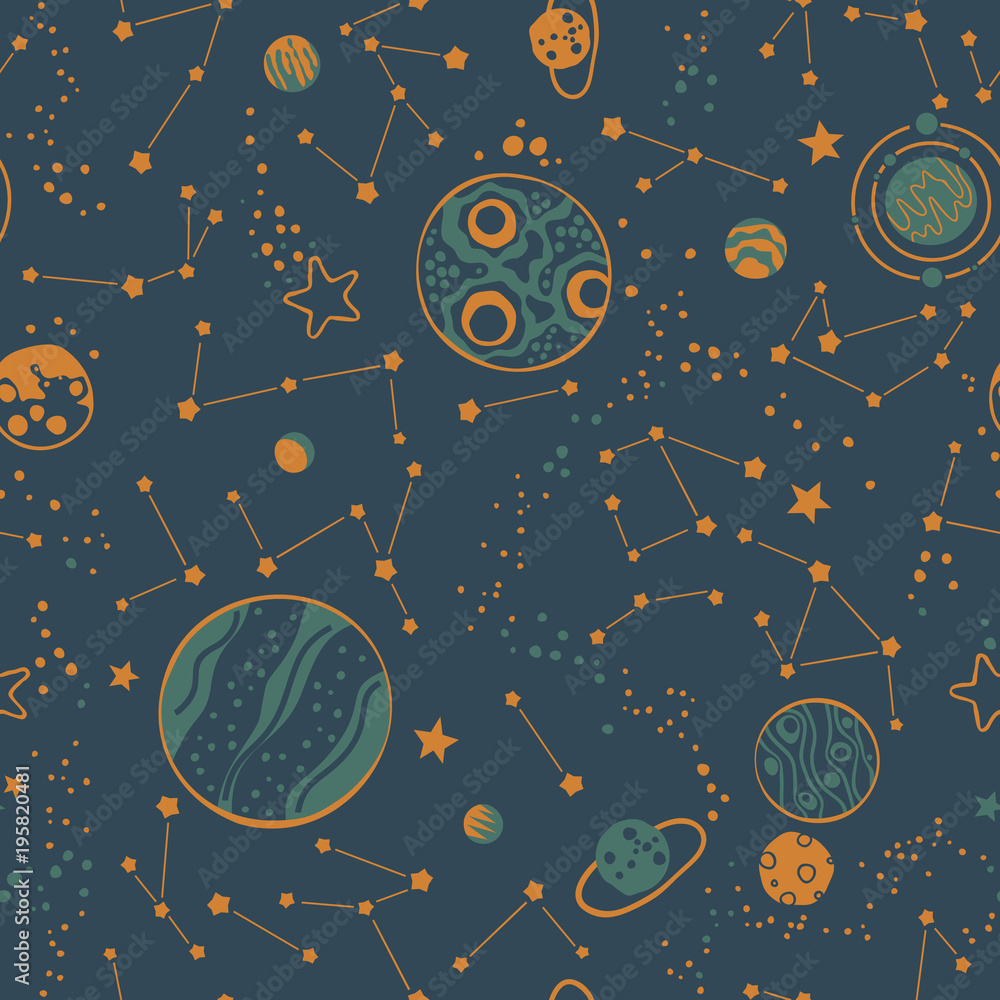 Baby seamless pattern - space, planets, stars. Trendy kids vector background.