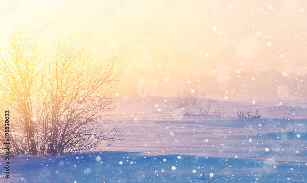 Winter foggy landscape. Winter landscape with snowdrifts and falling snow. Winter foggy landscape. Winter landscape with snowdrifts and falling snow.