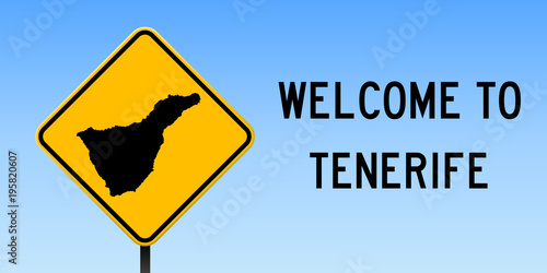 Tenerife map on road sign. Wide poster with Tenerife island map on yellow rhomb road sign. Vector illustration.