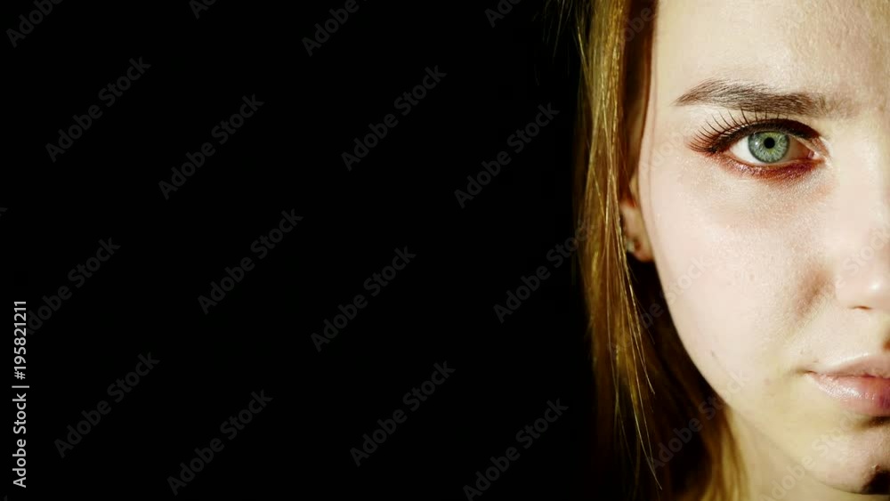 4k.Vertical part of female face with eye on black background Stock ...