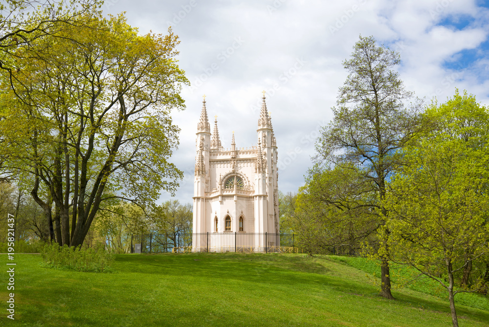 The Alexander Nevsky Gothic Chapel on a cloudy May day. Peterhof