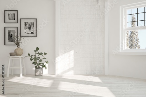 White empty room. Scandinavian interior design. 3D illustration