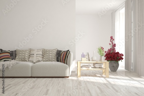 Idea of white minimalist room with sofa. Scandinavian interior design. 3D illustration