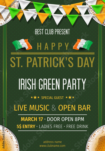 St. Patrick's Day party poster "IRISH GREEN PARTY". Clover leaves with coins on green background for greeting holiday design, invitation template. Vector illustration.