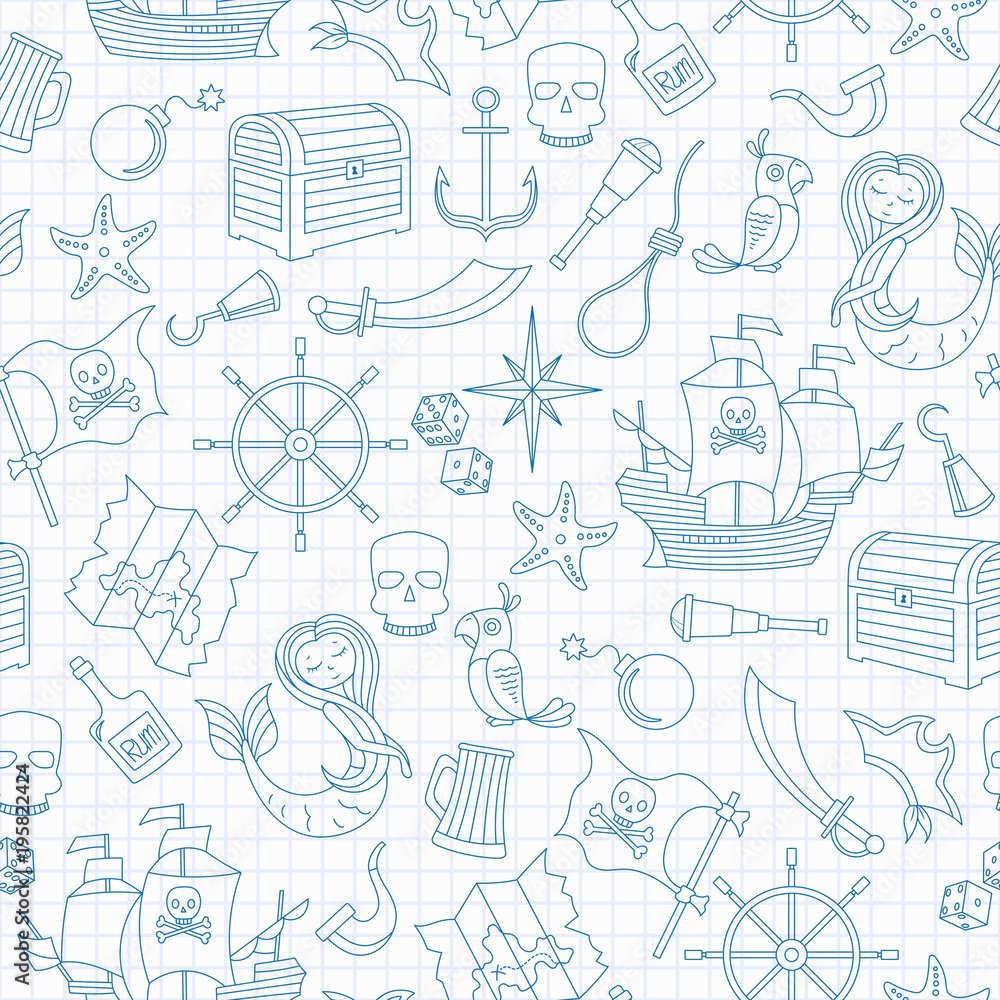 Seamless illustration of the topic of piracy and sea travel outline icons, blue contour icons on the clean writing-book sheet in a cage Seamless illustration of the topic of piracy and sea travel outline icons, blue contour icons on the clean writing-book sheet in a cage