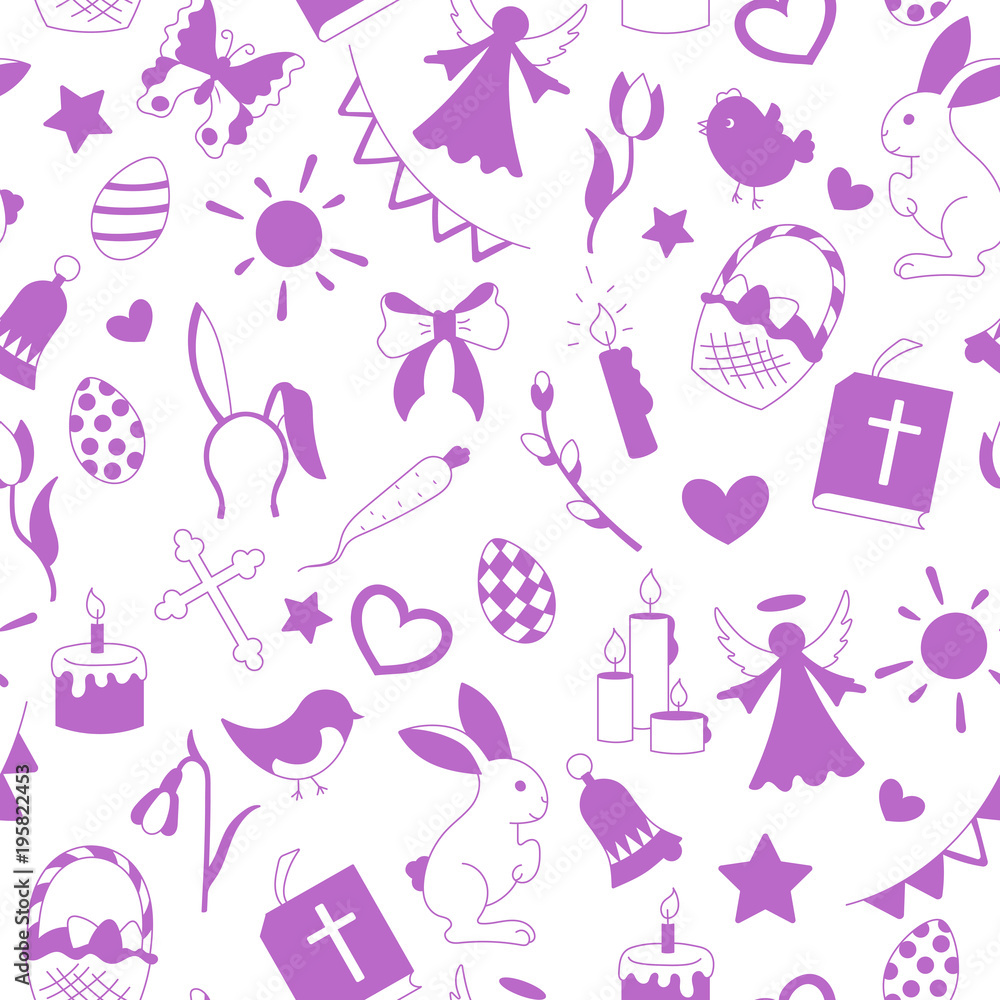 Seamless pattern with simple contour icons on a theme the holiday of Easter , purple silhouettes icons on a white background 