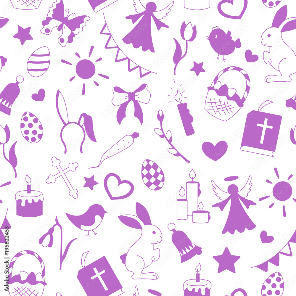 Seamless pattern with simple contour icons on a theme the holiday of Easter , purple silhouettes icons on a white background Seamless pattern with simple contour icons on a theme the holiday of Easter , purple silhouettes icons on a white background