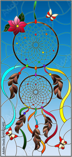 Illustration in stained glass style with dream catcher and butterflies on sky background