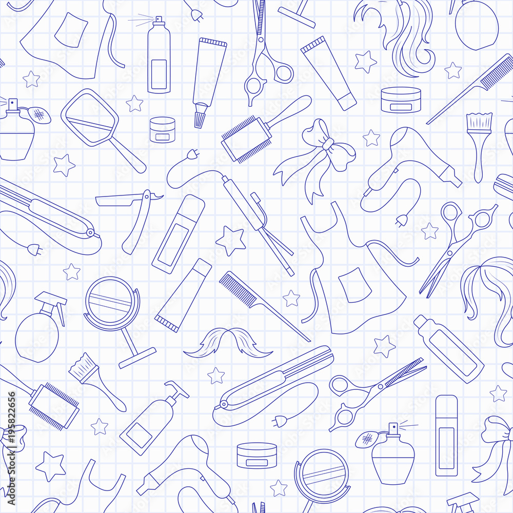Seamless pattern on the theme of the Barber shop, the tools and accessories of the hairdresser, a simple contour icons, blue contour icons on the clean writing-book sheet in a cage Seamless pattern on the theme of the Barber shop, the tools and accessories of the hairdresser, a simple contour icons, blue contour icons on the clean writing-book sheet in a cage