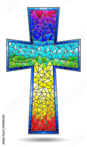 The illustration in stained glass style painting on religious themes, stained glass window in the shape of a rainbow Christian cross , isolated on white background