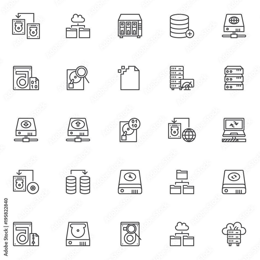Data recovery outline icons set. linear style symbols collection, line signs pack. vector graphics. Set includes icons as transfer hard drive, cloud folder, data search, corrupt file, computer server