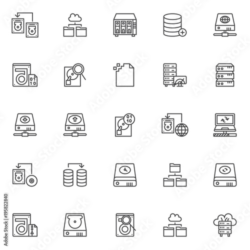 Data recovery outline icons set. linear style symbols collection, line signs pack. vector graphics. Set includes icons as transfer hard drive, cloud folder, data search, corrupt file, computer server photo