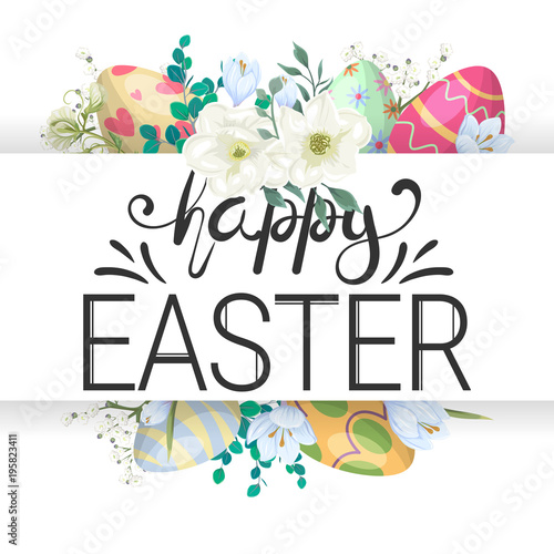 Happy easter. Easter background with colored eggs and spring flowers