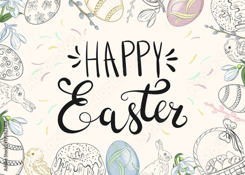 Easter background with traditional decorations. Easter greeting with colored eggs, festive cake, rabbit, etc.