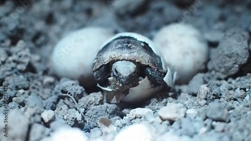 Baby tortoise hatching. Baby turtle coming out of his egg shell in nature. Welcome to the world newborn tortoise.