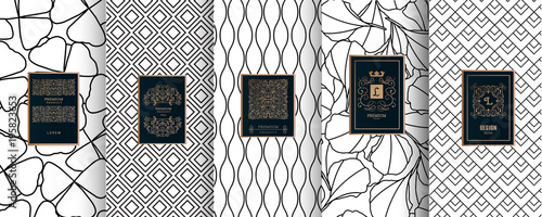 Collection of design elements,labels,icon,frames, for packaging,design of luxury products.for perfume,soap,wine, lotion.Made with golden foil.Isolated on geometric background.vector illustration