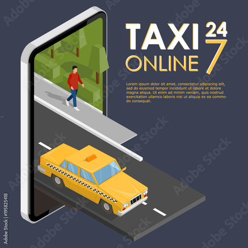 Isometric taxi driving down the street. Taxi service online. Taxi 24/7.