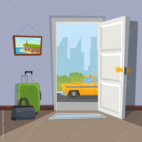 An open doorway to the city. The taxi is waiting at the door.