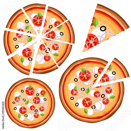 Set of icons with pizza (whole and pieces) on a white background.