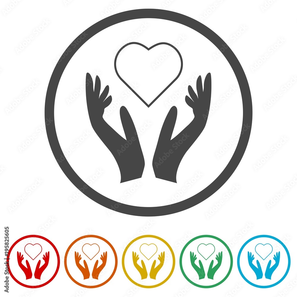 Heart in hands sign icon, Donation icon, 6 Colors Included Heart in hands sign icon, Donation icon, 6 Colors Included