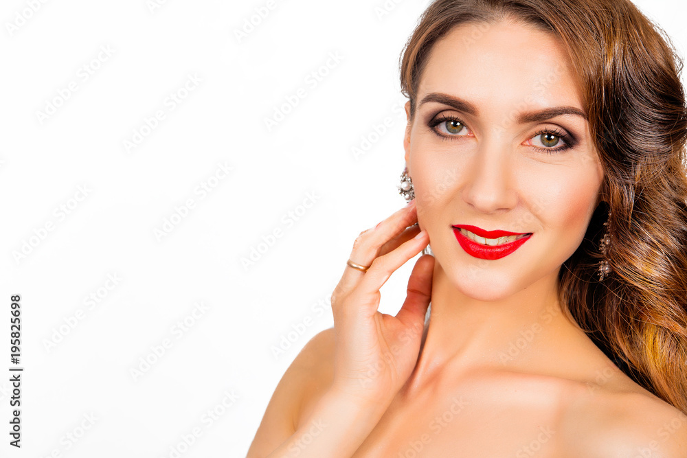 beautiful happy womanl with makeup and bare shoulders on a white beautiful happy womanl with makeup and bare shoulders on a white