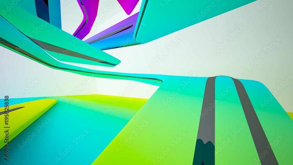 Obraz premium Abstract dynamic interior with black and colored gradient smooth objects. 3D illustration and rendering