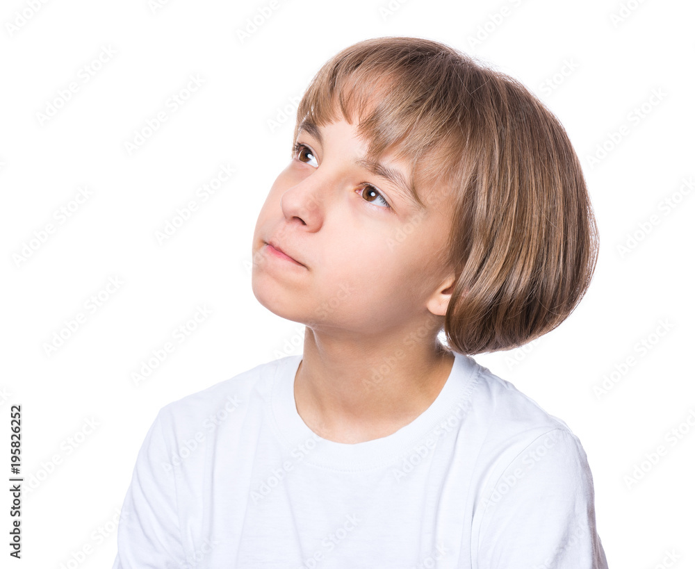 Casual thinking girl - caucasian female model. Close-up emotional portrait of child. Thoughtful kid in white t-shirt, isolated on white background. Beautiful smart serious ponder children. Casual thinking girl - caucasian female model. Close-up emotional portrait of child. Thoughtful kid in white t-shirt, isolated on white background. Beautiful smart serious ponder children.