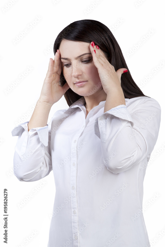 Portrait business woman with headache. Touching her temples. Isolated on white background Portrait business woman with headache. Touching her temples. Isolated on white background