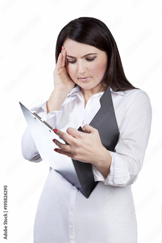 Office worker with documents. Woman with headache isolated on white background Office worker with documents. Woman with headache isolated on white background