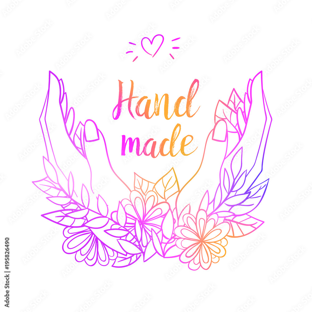 Pink and yellow gradient lettering logo hand made with hands, leaves and flowers on the white background