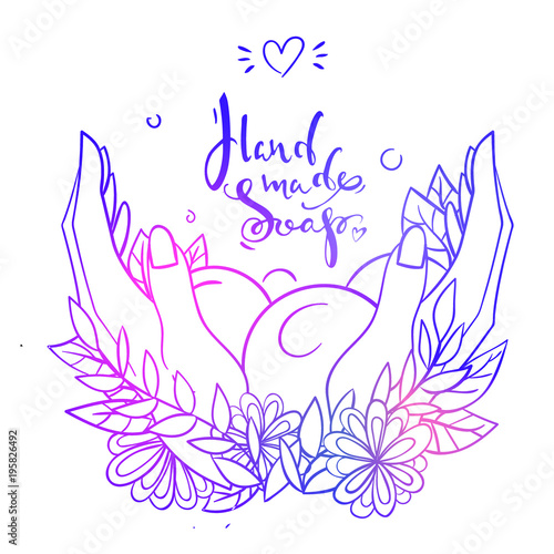 Blue and violet gradient lettering logo hand made soap with hands, bubbles, leaves and flowers on the white background