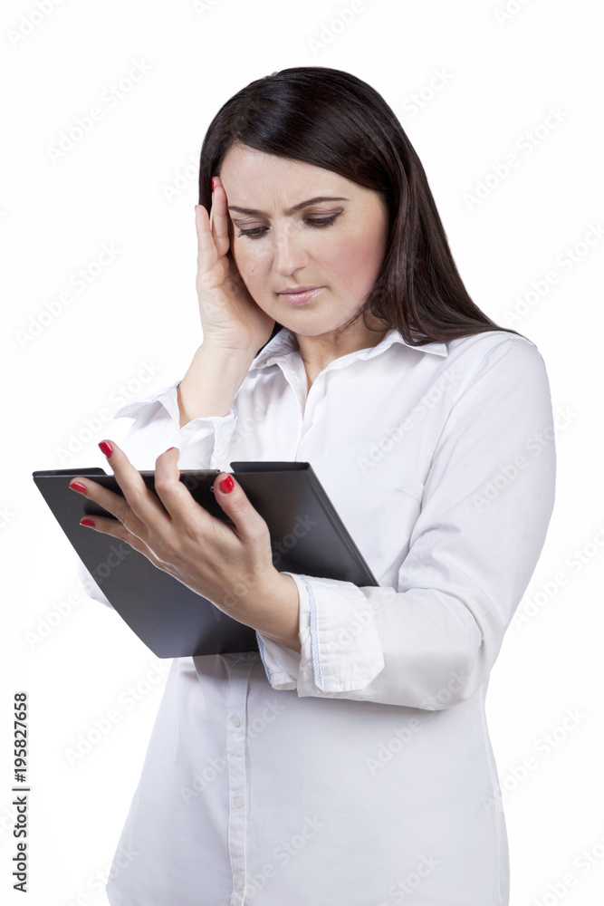Businesswoman with headache looking on contract. Isolated on white background Businesswoman with headache looking on contract. Isolated on white background