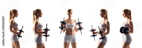 Fit and sporty woman training with dumbbells isolated on white. Sport, health and fitness collection. 