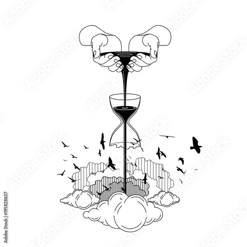 scoop up black water sand with hands. fall in sand time broken. something fall on cloud for born of freedom. bird silhouette fly on sky. line art vector illustration. design for tattoo. hand draw. 