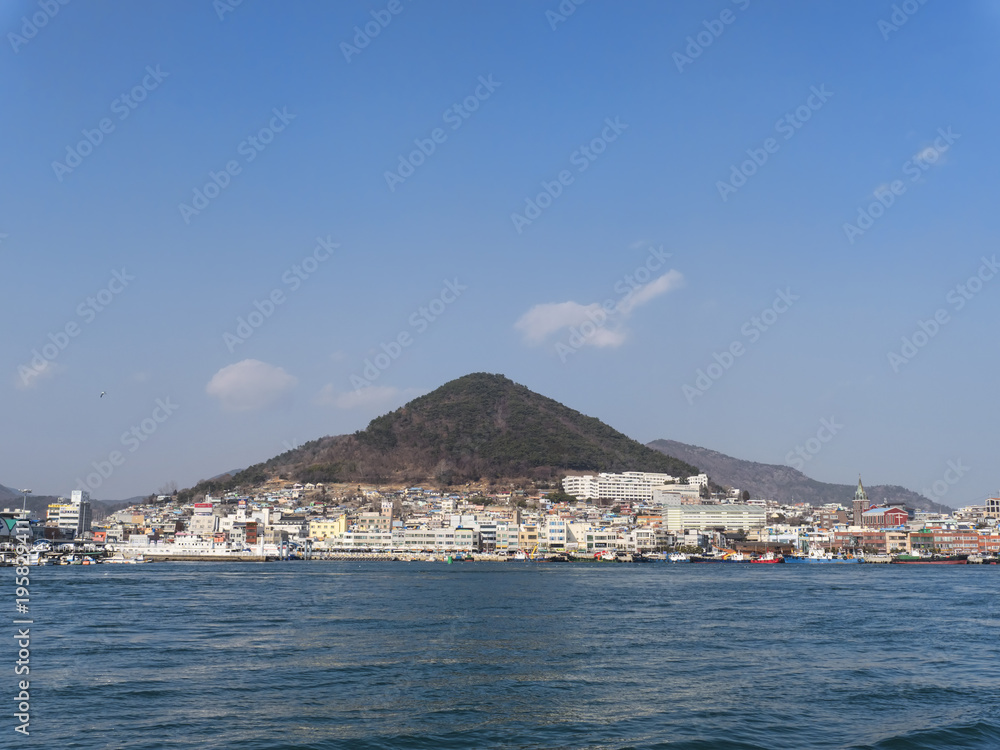 Panorama from the sea to Yeosu city. South Korea. January 2018