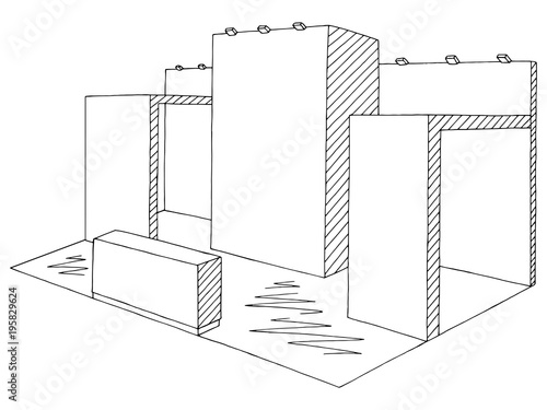 Exhibition stand graphic interior black white sketch illustration vector